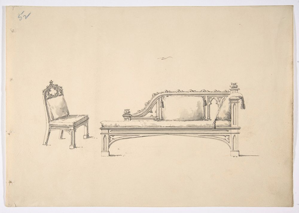 Design for a One-armed Gothic Style Sofa and Chair, Anonymous, British, 19th century