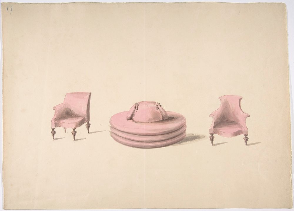 Design for a Round Pink Sofa and an Armchair and a One-armed Chair, Anonymous, British, 19th century