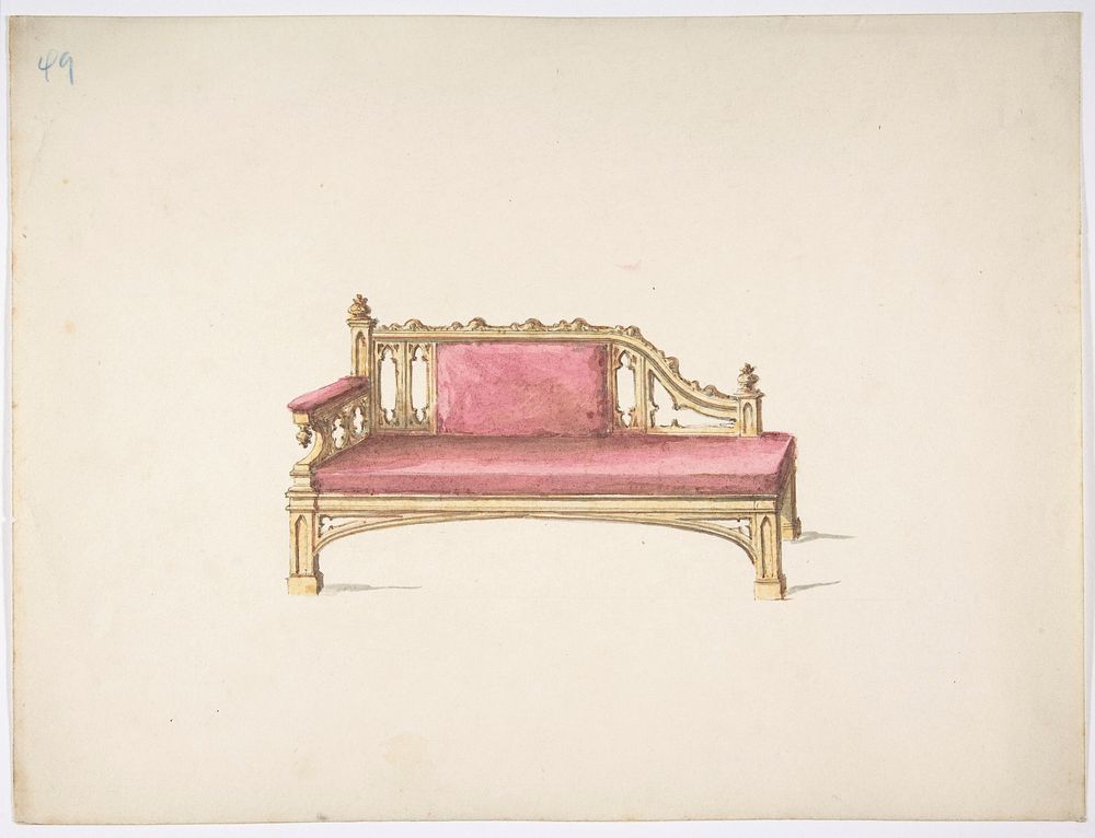 Design for a Gothic Style Sofa Upholstered in Red, Anonymous, British, 19th century