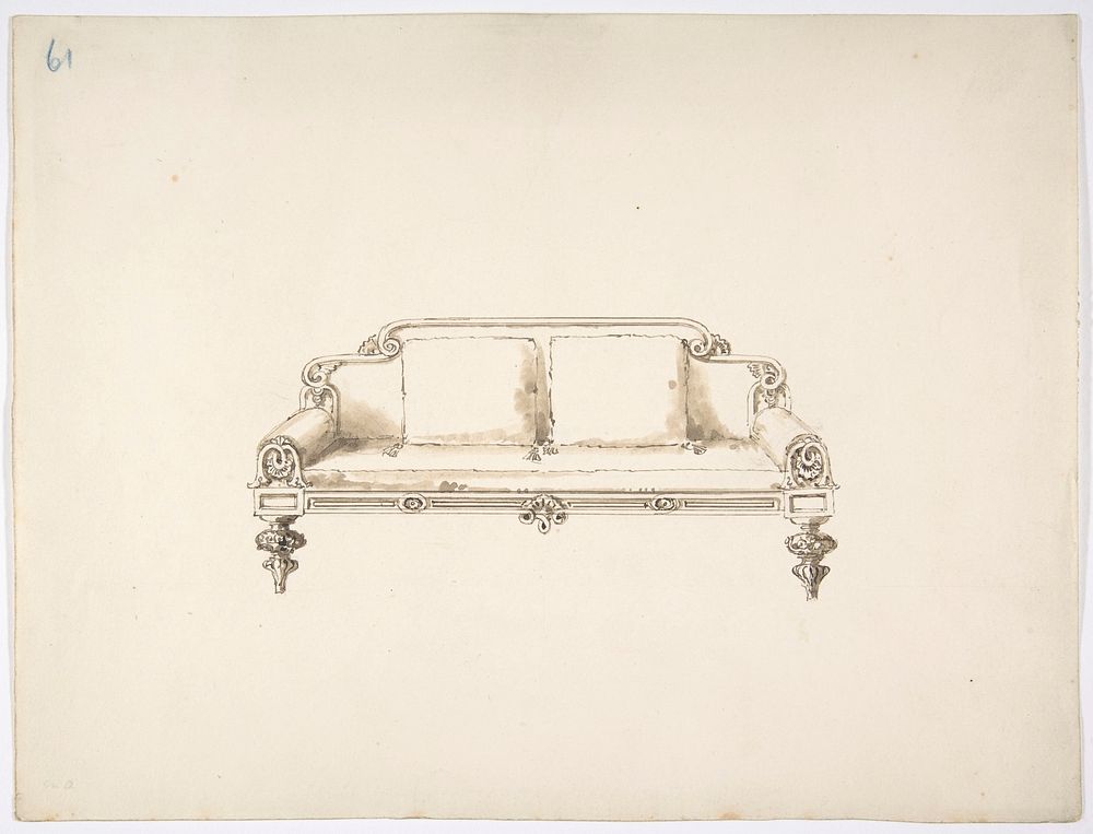 Design for a Sofa with Two Loose Cushions, Anonymous, British, 19th century