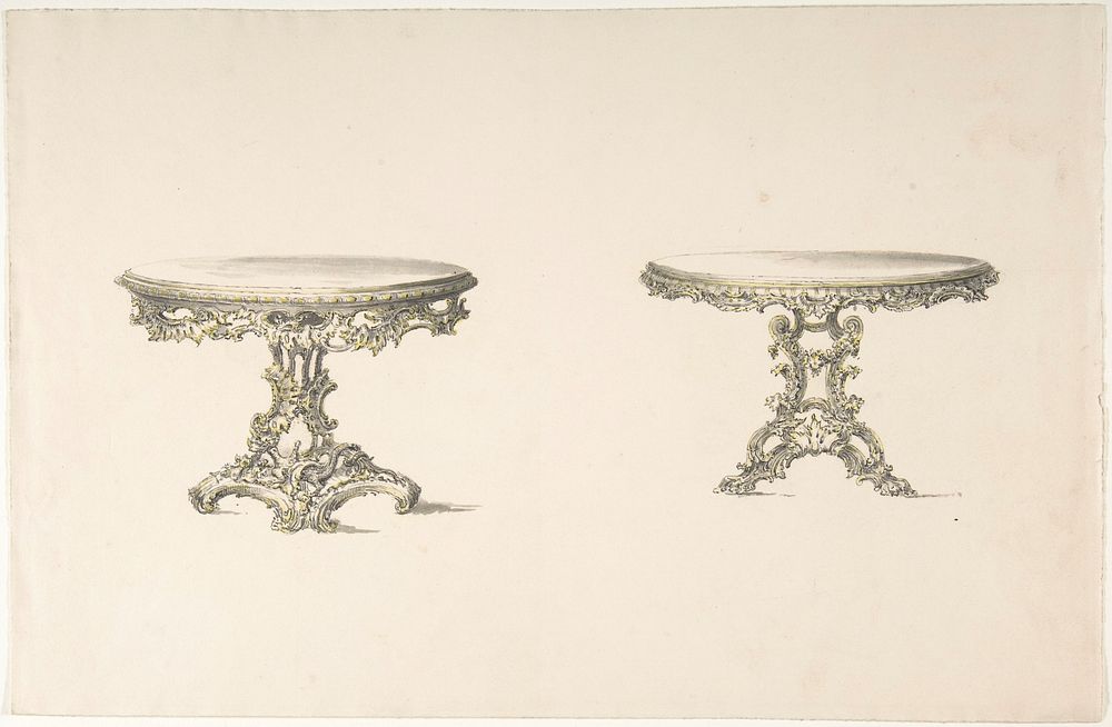 Design for Two Round Tables with Foliate Rococo Style Carving, Anonymous, British, 19th century