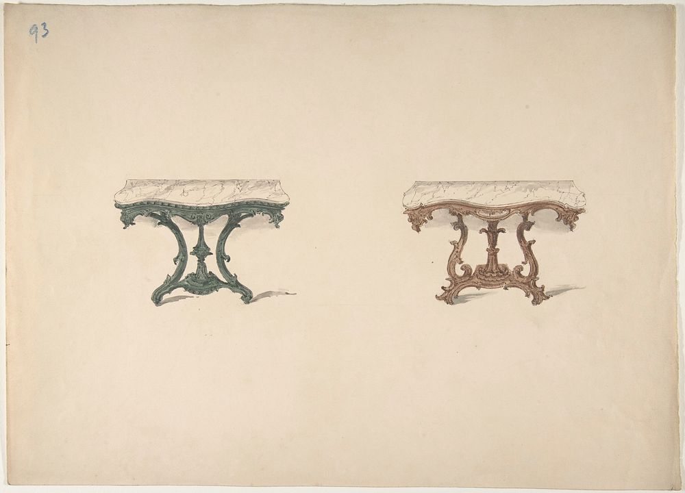 Design for Two Marble Topped Tables with Carved Legs, Anonymous, British, 19th century