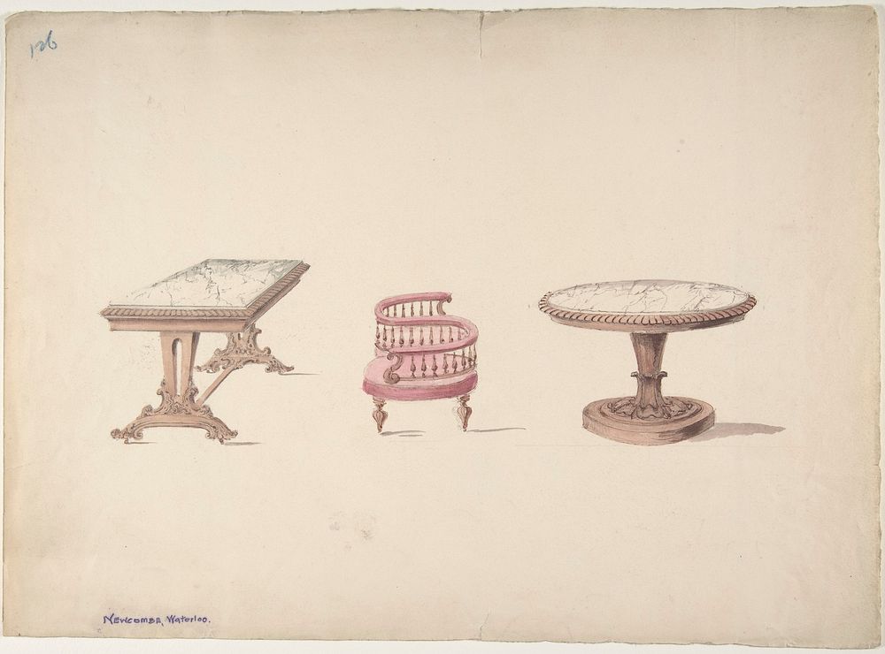 Design for a Rectangular and Round Marble-topped Tables and a Tête-à Tête Chair, Anonymous, British, 19th century