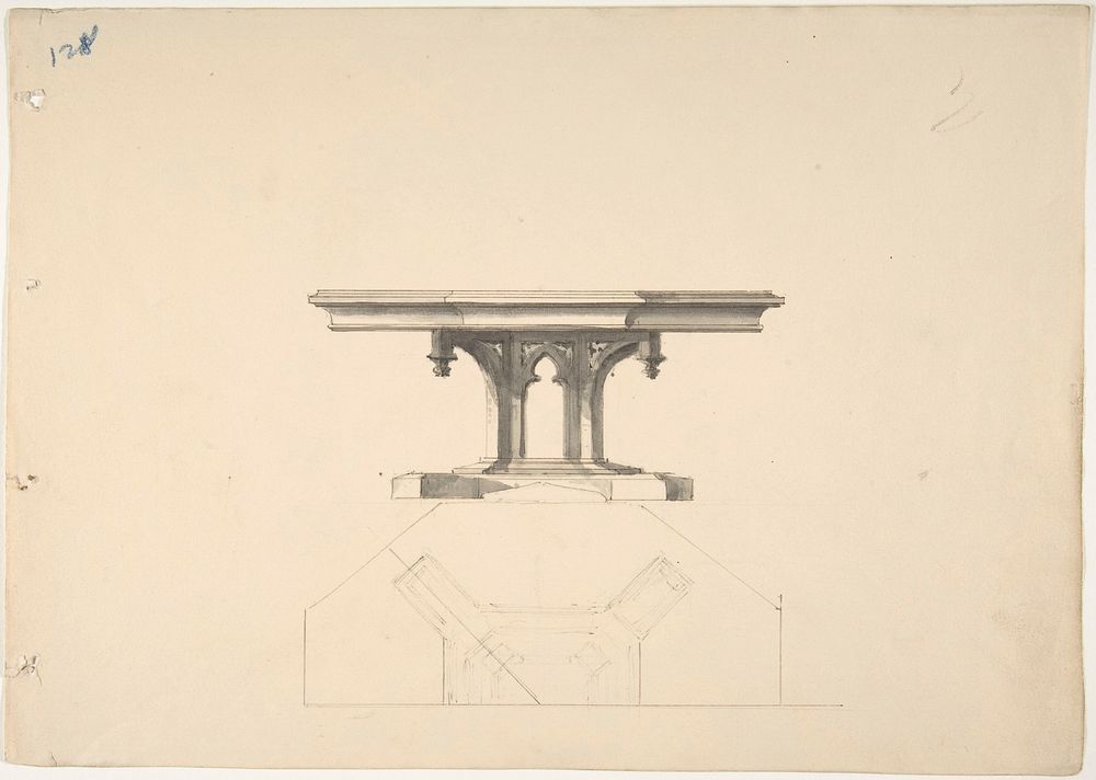 Design for an Octagonal Gothic Pedestal Table: Elevation and Plan, Anonymous, British, 19th century