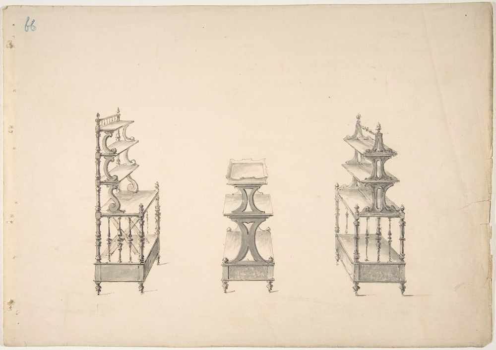 Design for Three Sets of Shelves on Casters, Anonymous, British, 19th century