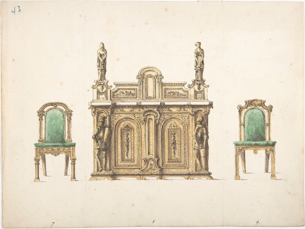 Design for Cabinet Ornamented with Carved Knights and Ladies, and Two Chairs