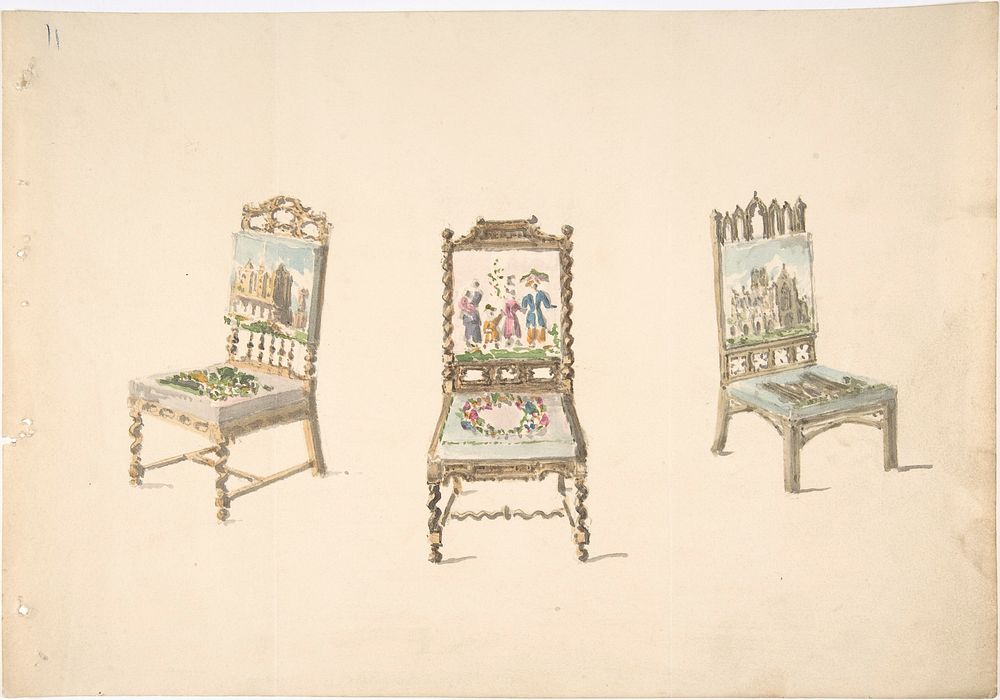 Design for Three Chairs with Pictorial Upholstery, Anonymous, British, 19th century
