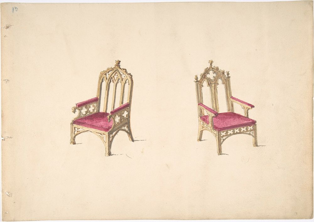 Design for Two Gothic Style Armchairs, Anonymous, British, 19th century