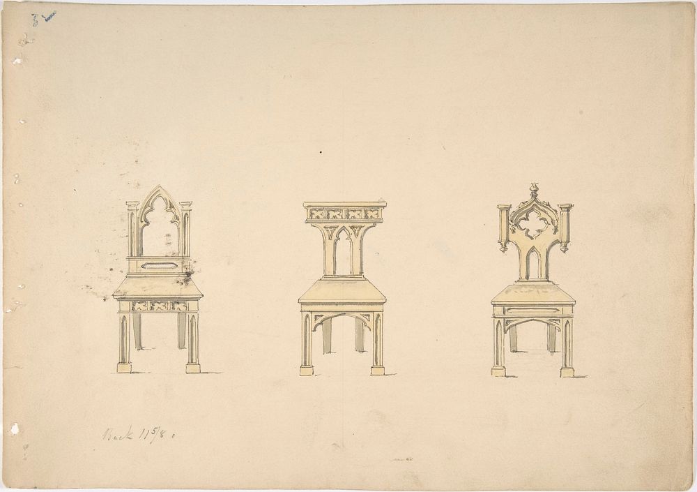 Design for Three Gothic Style Wooden Chairs, Anonymous, British, 19th century