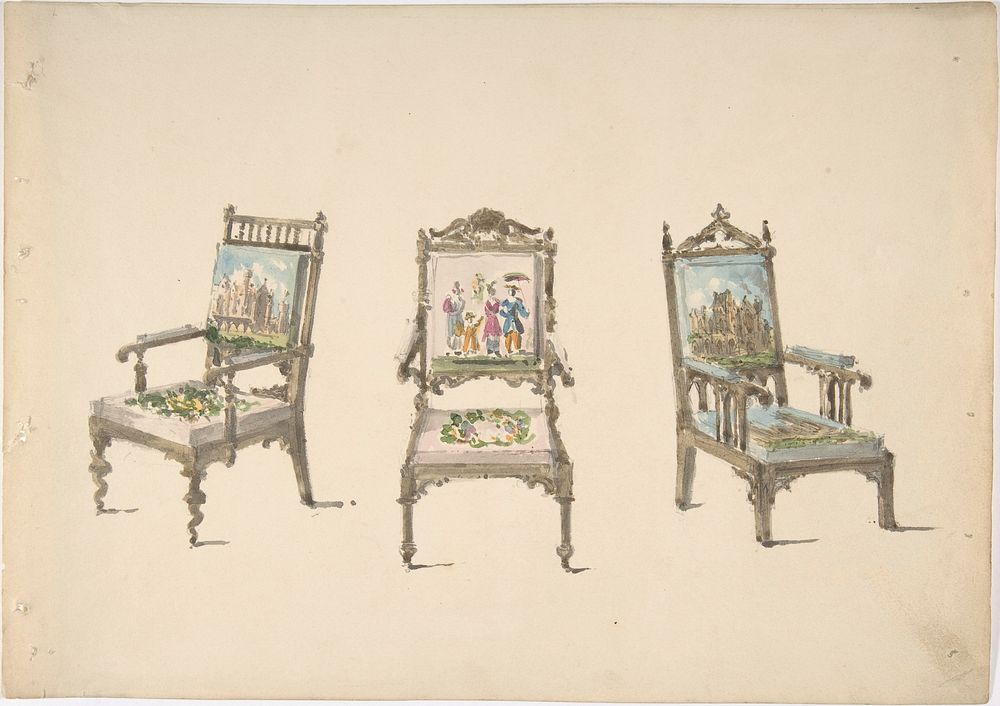 Design for Three Armchairs with Pictorial Upholstery, Anonymous, British, 19th century