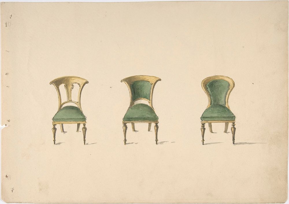 Design for Three Chairs with Green Upholstery, Anonymous, British, 19th century