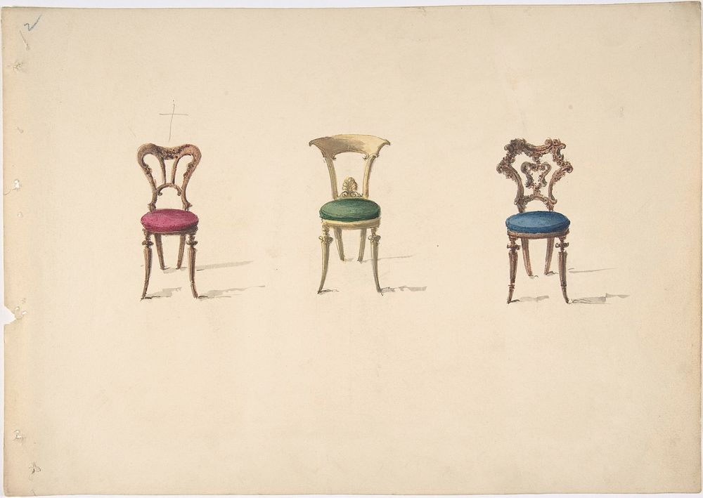 Design for Three Chairs with Red, Green and Blue Seats, Anonymous, British, 19th century