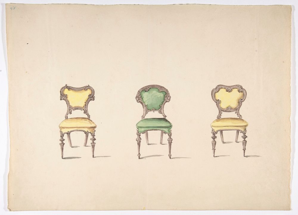 Design for Three Chairs Upholstered in Green and Yellow, Anonymous, British, 19th century