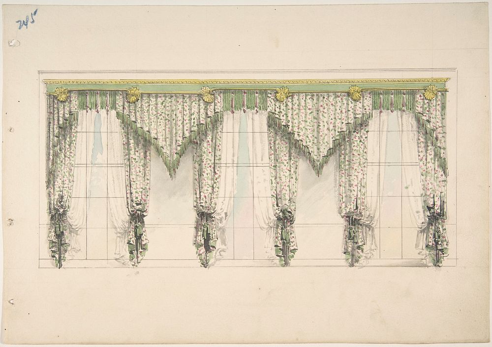 Design for Curtains with Pink, Green and White Floral Fabric and Pink and Green Fringes, Anonymous, British, 19th century