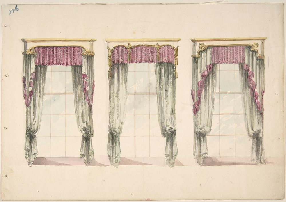 Design for Gray Curtains with Pink Fringes, and White and Gold Pediments, Anonymous, British, 19th century