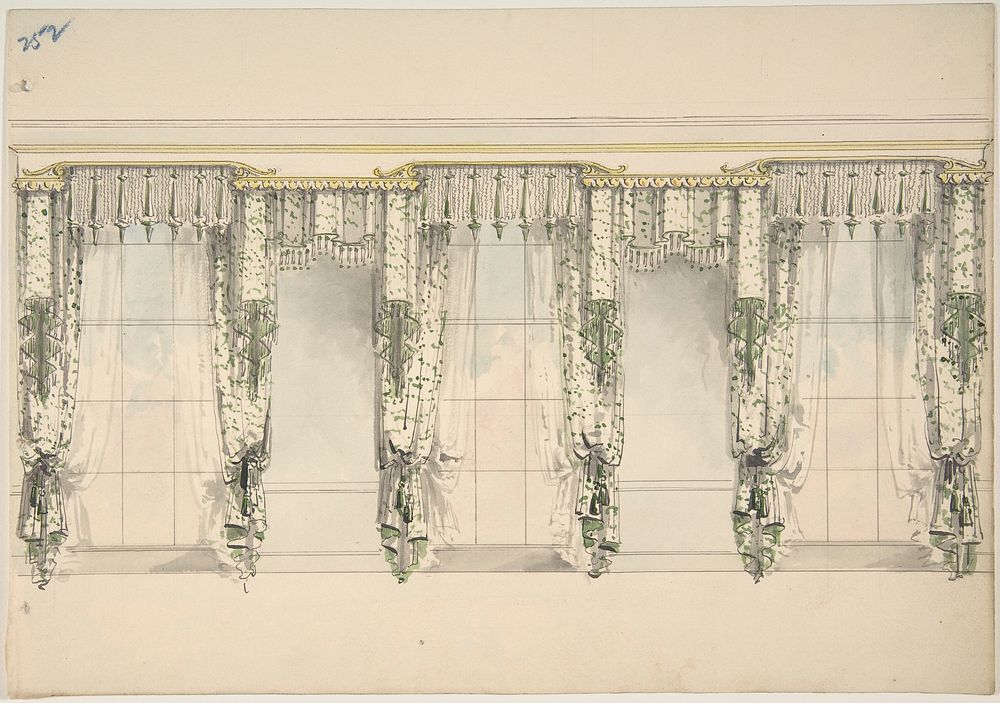Design for Green and White Curtains with Green Fringes, and White and Gold Pediments, Anonymous, British, 19th century
