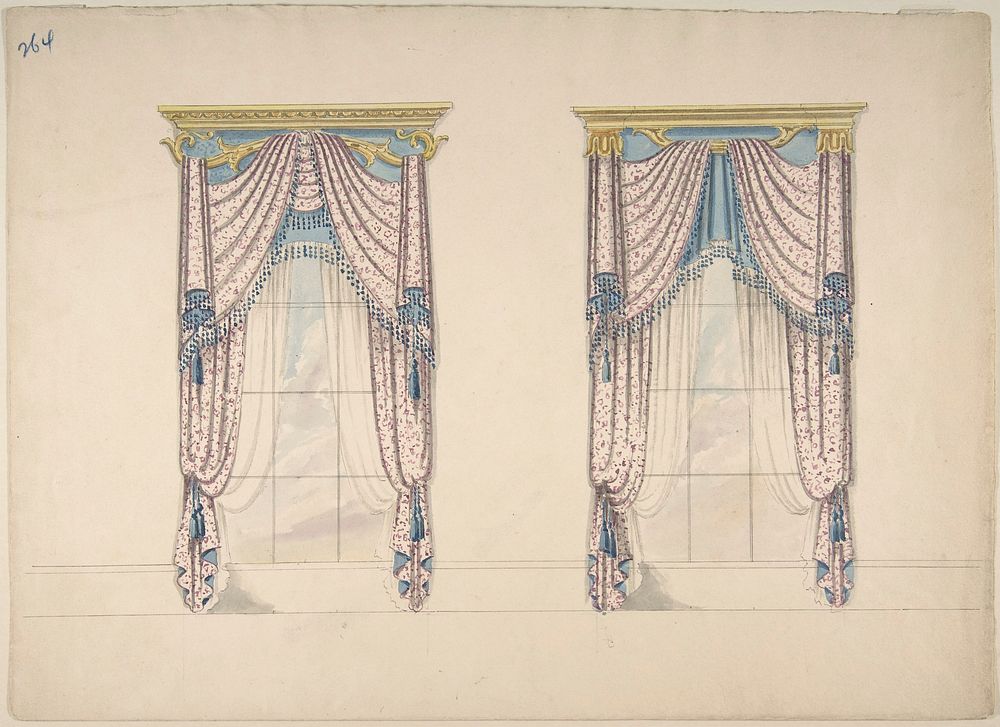 Design for Pink, White and Blue Curtains with Blue Fringes, and Gold and Blue Pediments, Anonymous, British, 19th century