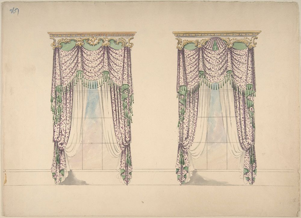 Design for Pink and White Curtains with Green Fringes, and Gold and White Pediments, Anonymous, British, 19th century