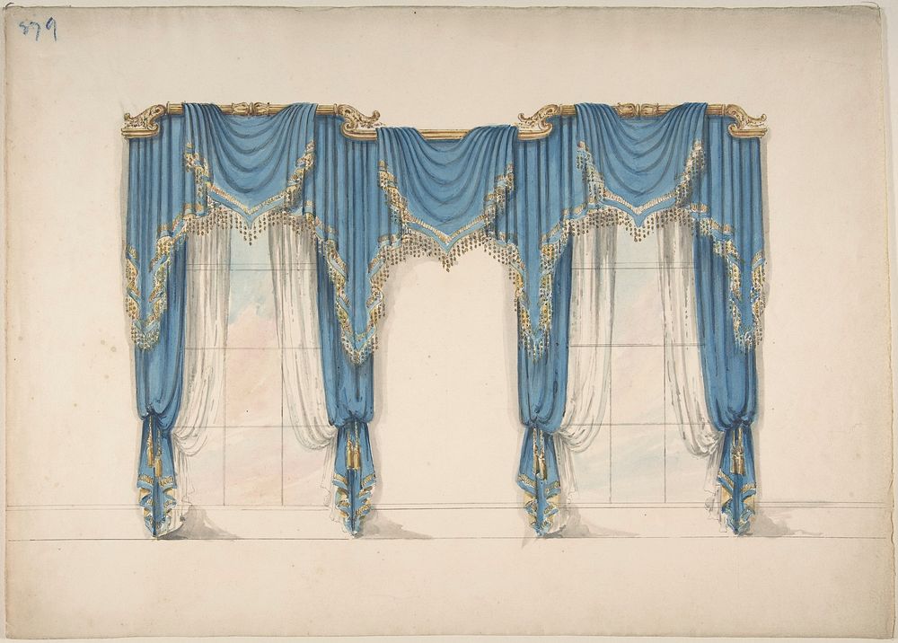 Design for Blue Curtains with Gold Fringes and Pediments