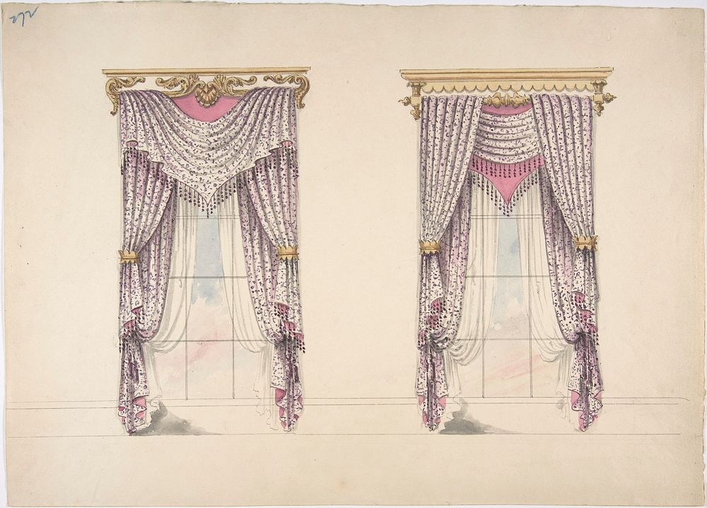 Design for Curtains with Purple, White and Mink Fabric, Purple Fringes and Gold and White Pediments, Anonymous, British…