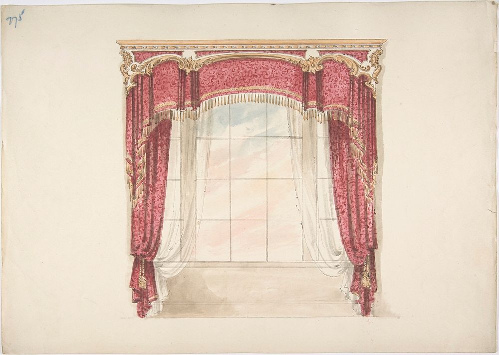 Design for Red Curtains with Gold Fringes and Gold and White Pediment
