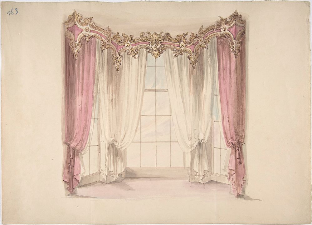 Design for Pink Curtains and White Inner Curtains, with a Gold, White and Pink Pediment, Anonymous, British, 19th century