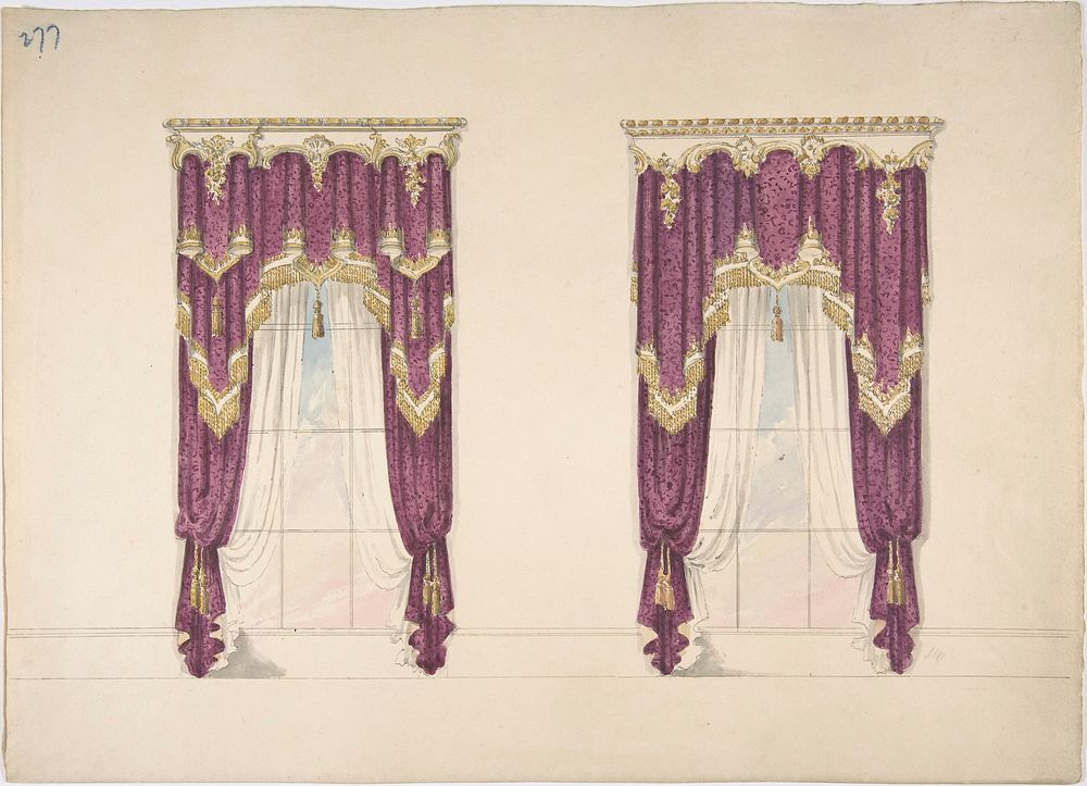 Design for Purple Curtains with Gold Fringes and a Gold and White Pediment