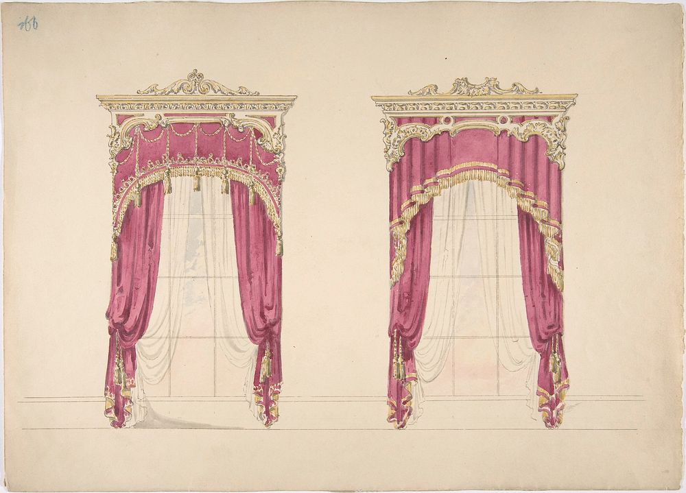Design for Red Curtains with Gold Fringes and a Gold and White Pediment