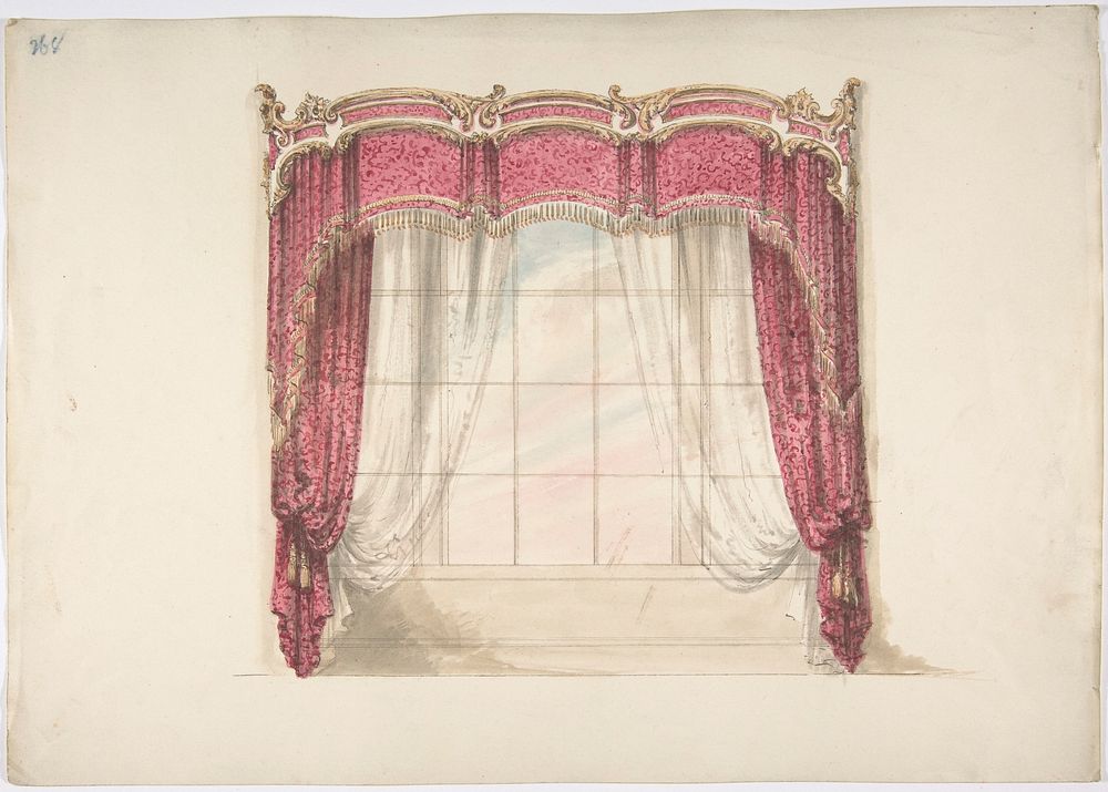 Design for Red Curtains with Gold Fringes and a Gold, Red and White Pediment, Anonymous, British, 19th century