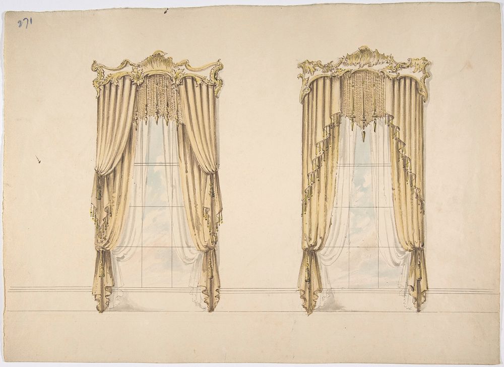 Design for Gold Curtains with Gold Fringes and a Gold and White Pediment, Anonymous, British, 19th century