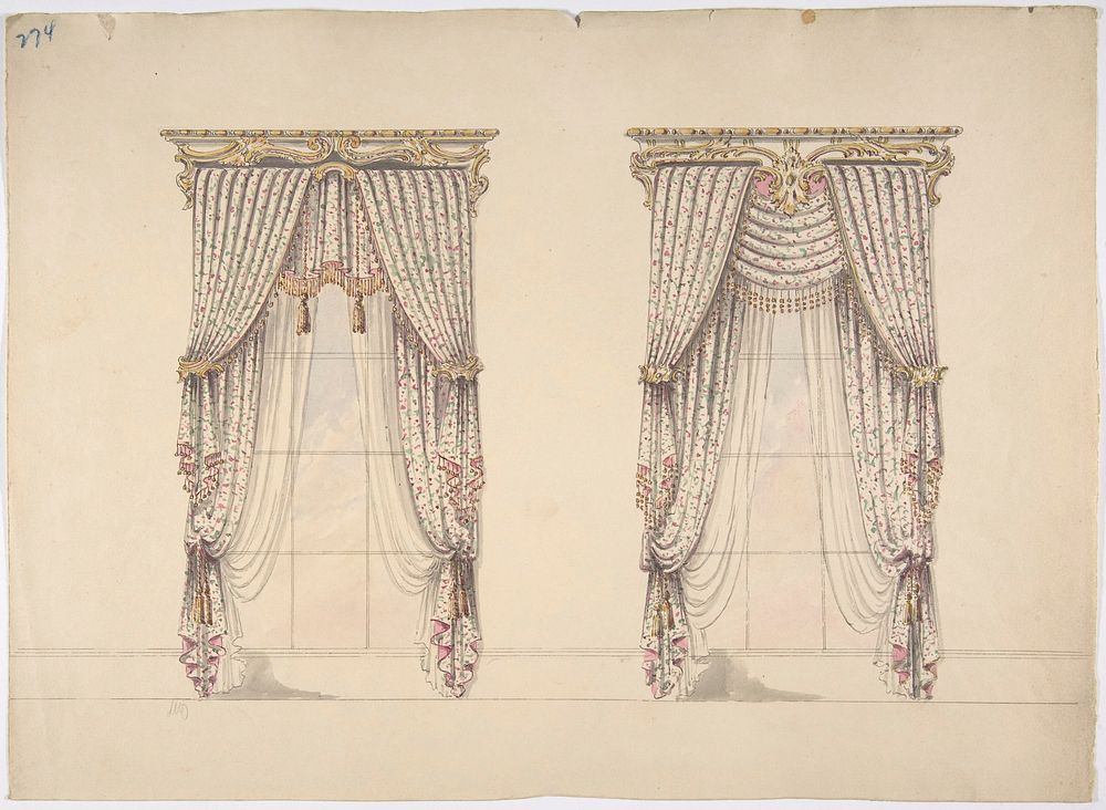 Design for Pink, Green and White Curtains with Pink and Gold Fringes and a Gold and White Pediment, Anonymous, British, 19th…