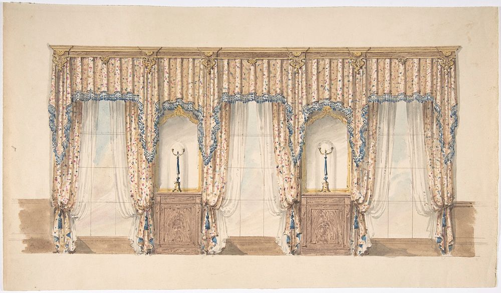 Design for Pink, Gold, Blue and White Curtains with Blue Fringes and a Gold and Wood Pediment, Anonymous, British, 19th…