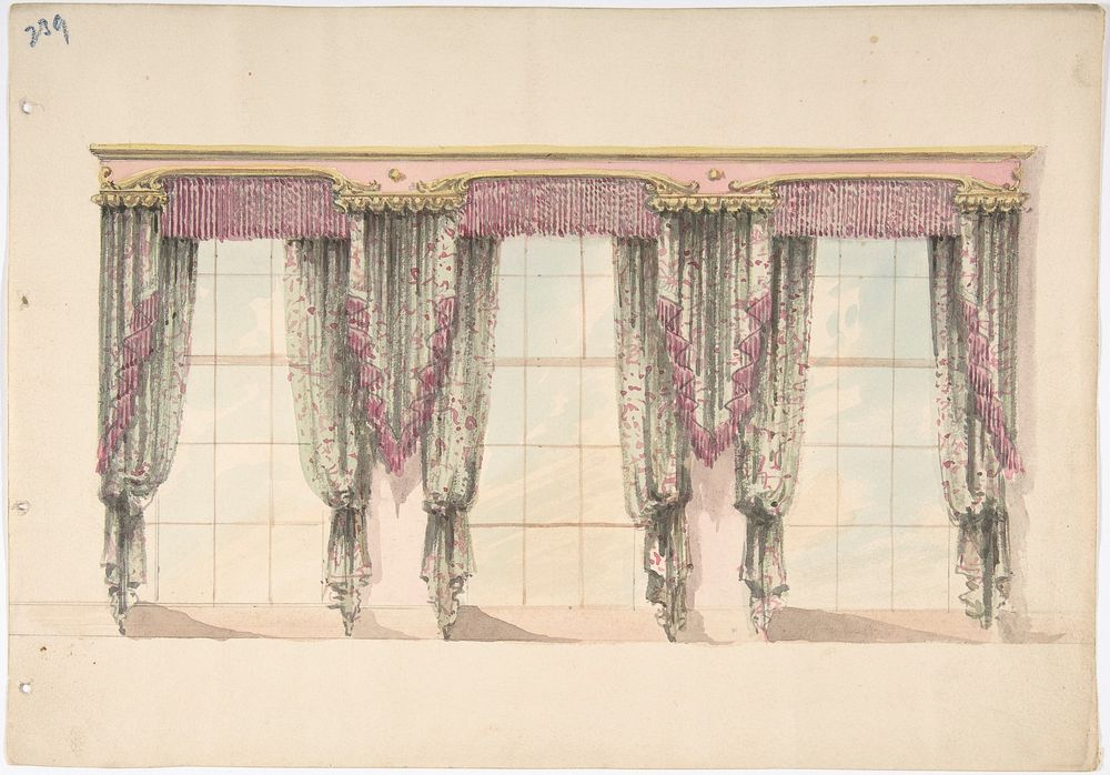 Design for Gray and Pink Curtains with Pink Fringes and a PInk and Gold Pediment, Anonymous, British, 19th century