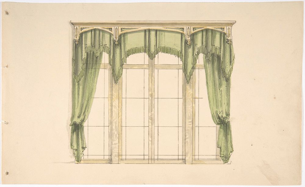 Design for Green Curtains with Green Fringes and a Gold Pediment, Anonymous, British, 19th century