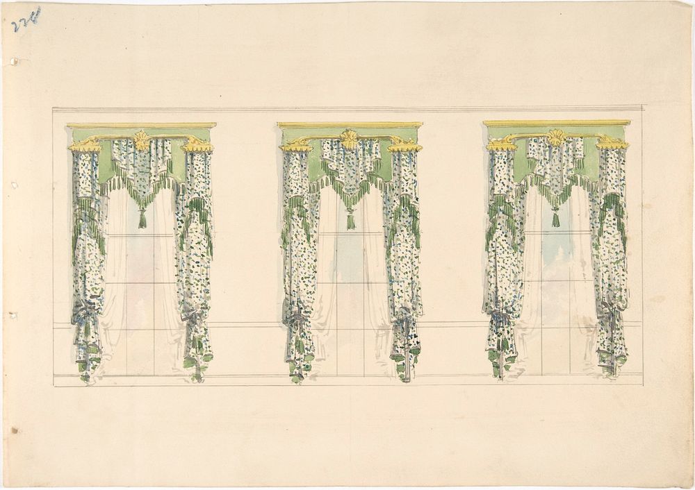 Design for Green and White Curtains with Green Fringes and a Green and Gold Pediment, Anonymous, British, 19th century