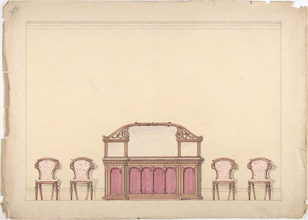 Design for a Mirrored Cabinet and Four Chairs, Anonymous, British, 19th century