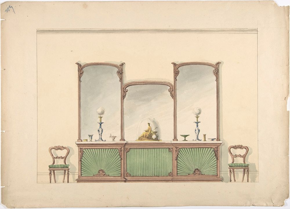 Design for a Mirrored Three Sectioned Marble-topped Cabinet and Two Chairs