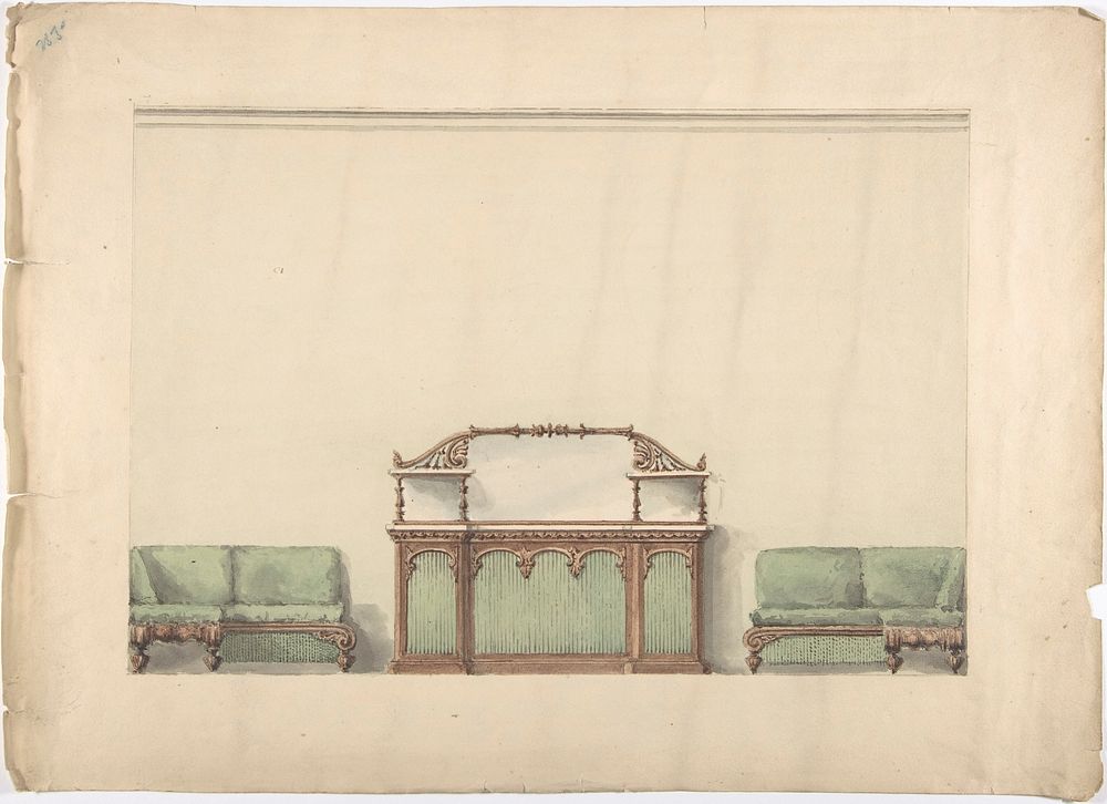 Design for a Mirrored, Marble-topped Cabinet and Two Sofas, Anonymous, British, 19th century