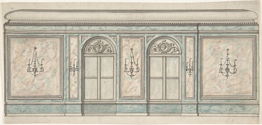 Elevation of a Wall with Two Windows and Five Wall Lights, Anonymous, British, 19th century