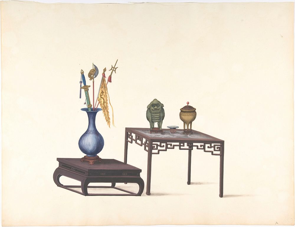 Two Tables, One Low with Large Vase and Objects, One Higher with Covered Pot, Lion and Small Bowl