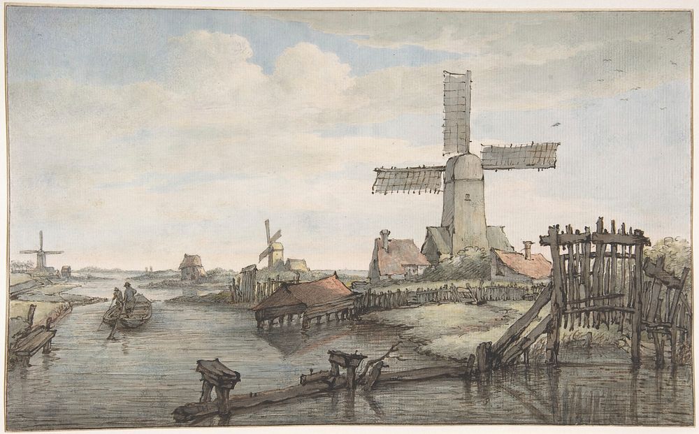 View of a Canal with Three Windmills by Jan Hulswit