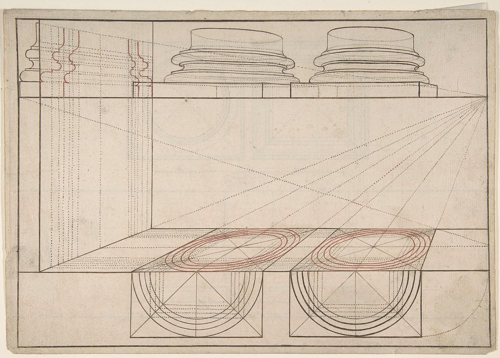 Architectural Perspective Study Showing Two Column Bases (Recto); Architectural Perspective Study Showing Column Capital and…