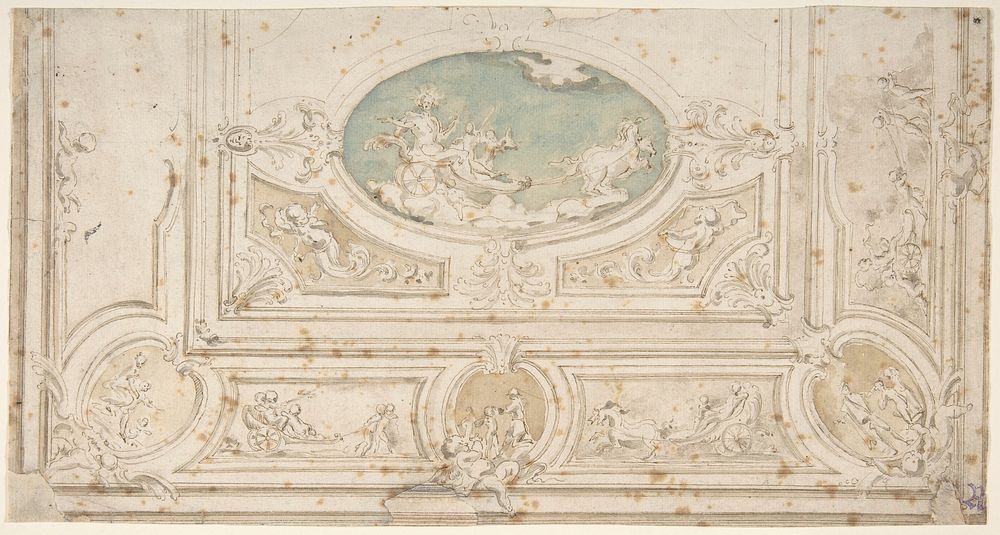 Design for a Ceiling with Apollo on his Wagon in the Central Compartment, Anonymous, Italian, Bolognese 18th century artist