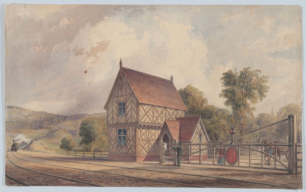 Tudor Style Rural Train Station and Railroad Crossing by John Connell Ogle