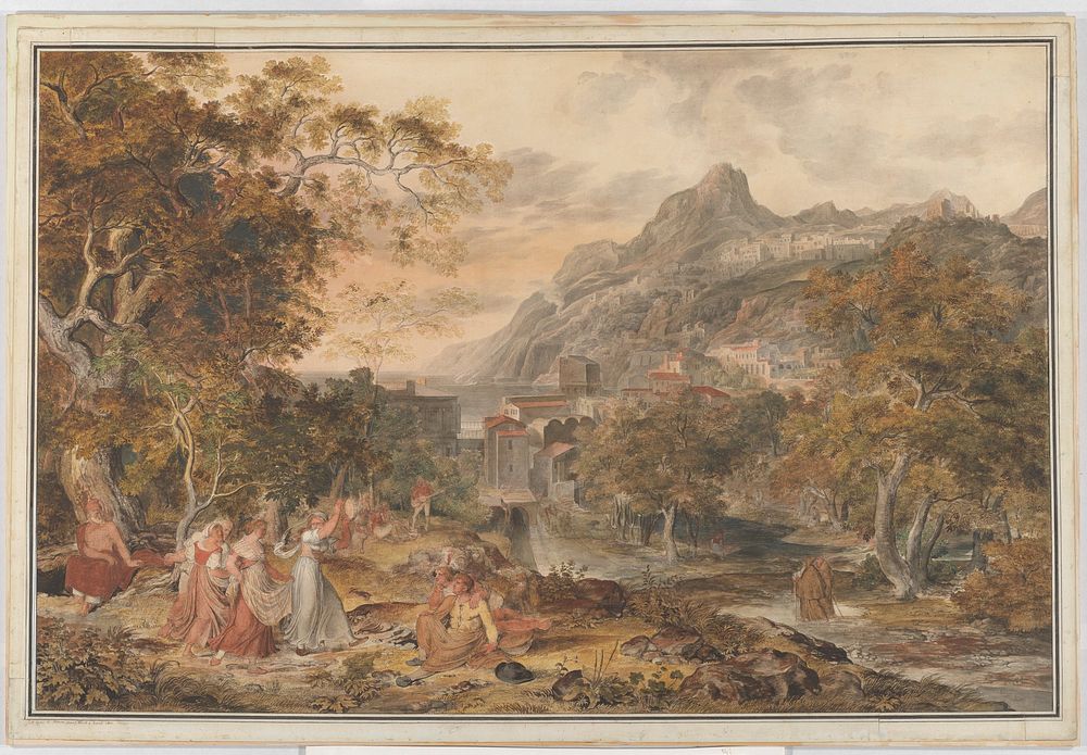 View of Vietri with Young Country Women Dancing for Shepherds in the Foreground by Joseph Anton Koch