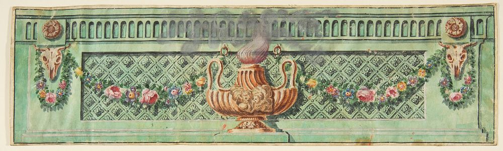 Ornamental Panel with Flaming Lamp and Floral Swags