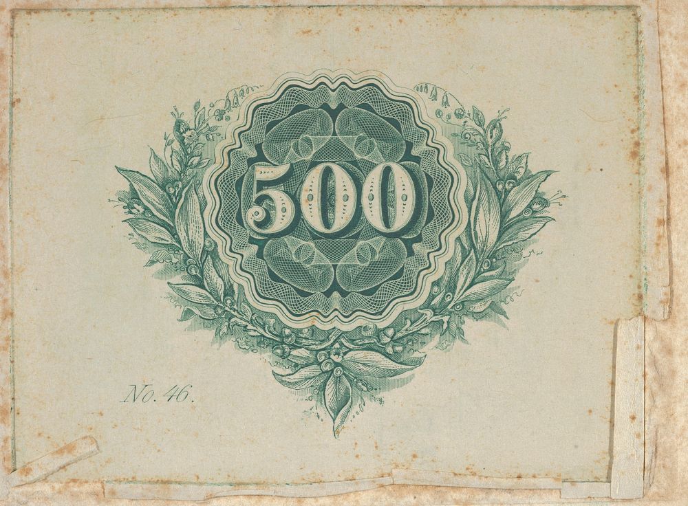 Banknote motif: number 500 at the center of a circular design of lathe work with wavy edges, surrounded by an open wreath of…