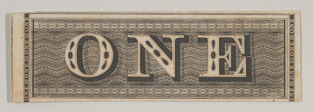 Banknote motif: the word ONE set against a rectangular band of lathe work