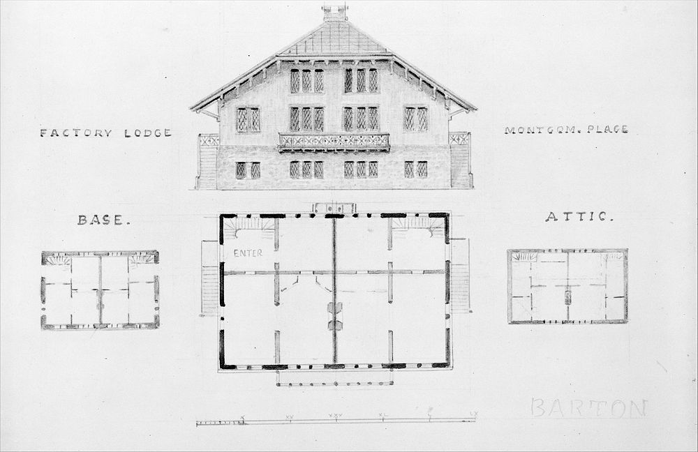 Switz[erland] Cottage (elevation and three plans), and Factory Lodge (elevation and three plans) for Montgomery Place…