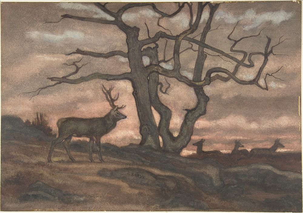 Deer and Tree Against Sunset by Antoine-Louis Barye